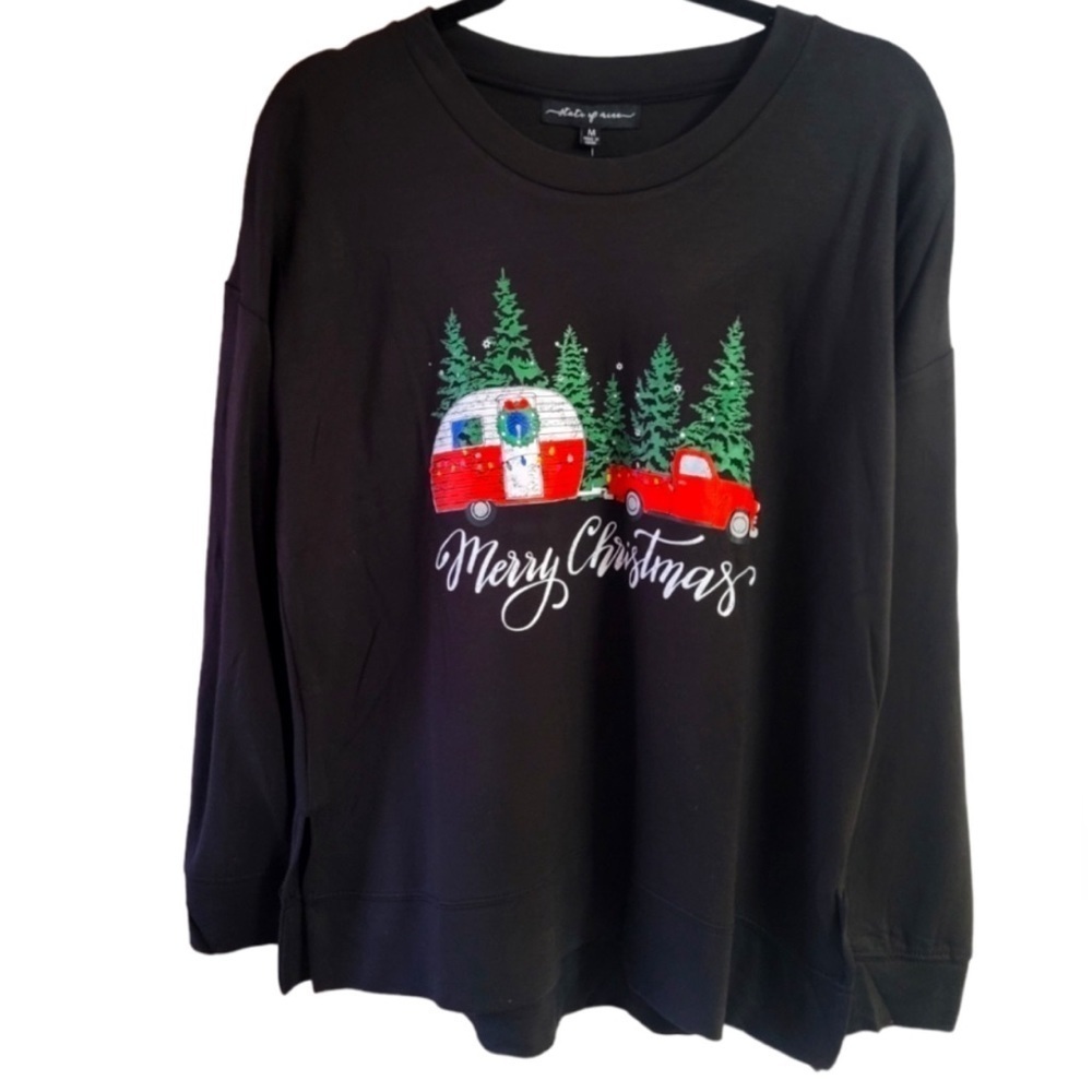 State of Mine Merry Christmas Long Sleeve Tee Black with Truck & Camper Small